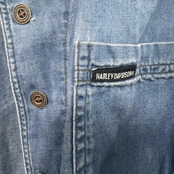 Harley-Davidson Biker Blues Womens Chambray Cropped Tie Front Shirt Y2K S - Picture 3 of 12